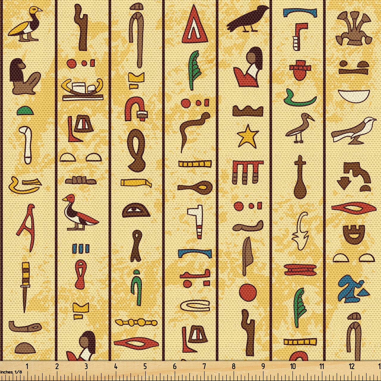 Ambesonne Egyptian Print Fabric by The Yard, Colorful Hieroglyphics on Papyrus Old Paper Style Background Cairo Culture, Decorative Fabric for Upholstery and Home Accents, 5 Yards, Beige
